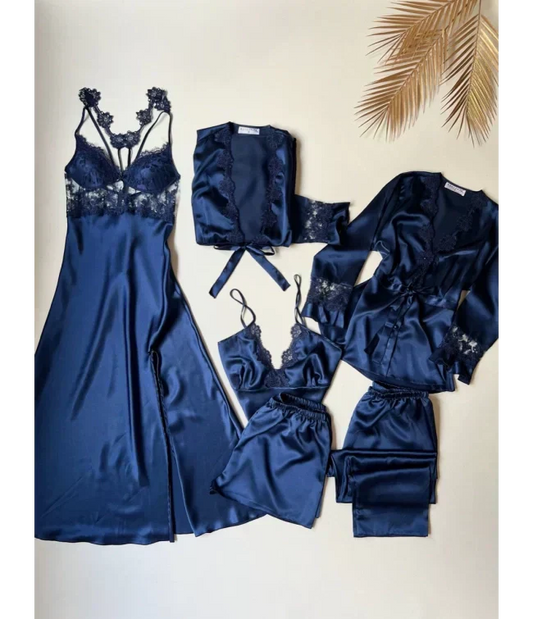 6 PCS Long Silk Nighty Set for Women – Luxury Soft Nightdress Collection