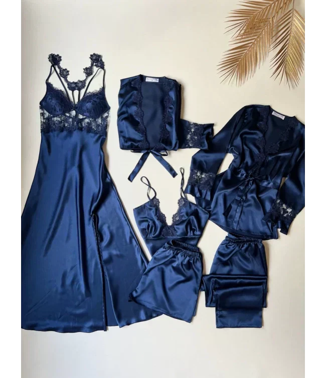 6 PCS Long Silk Nighty Set for Women – Luxury Soft Nightdress Collection